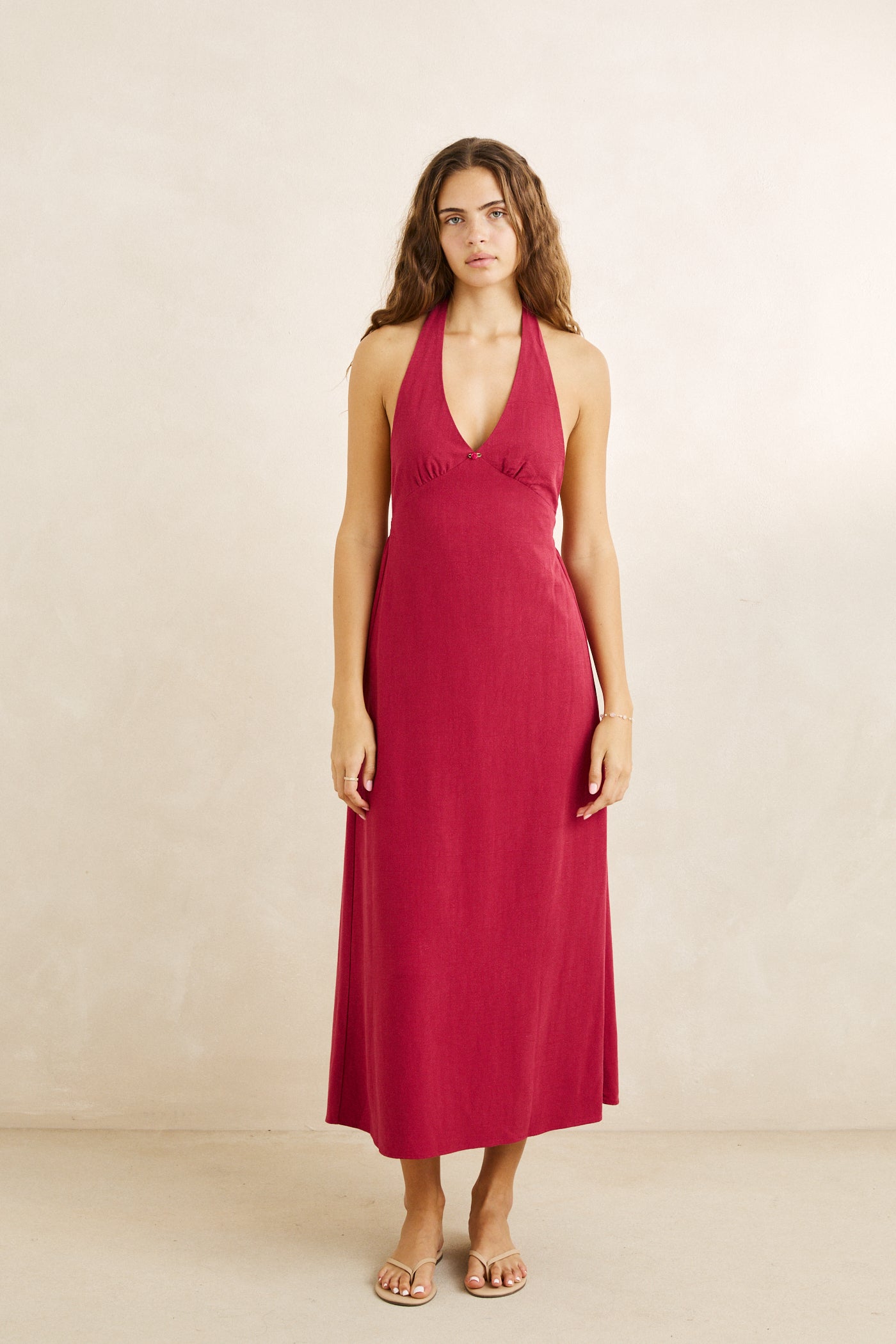 Sunny Days Linen Halter Neck Maxi Dress Wine XS