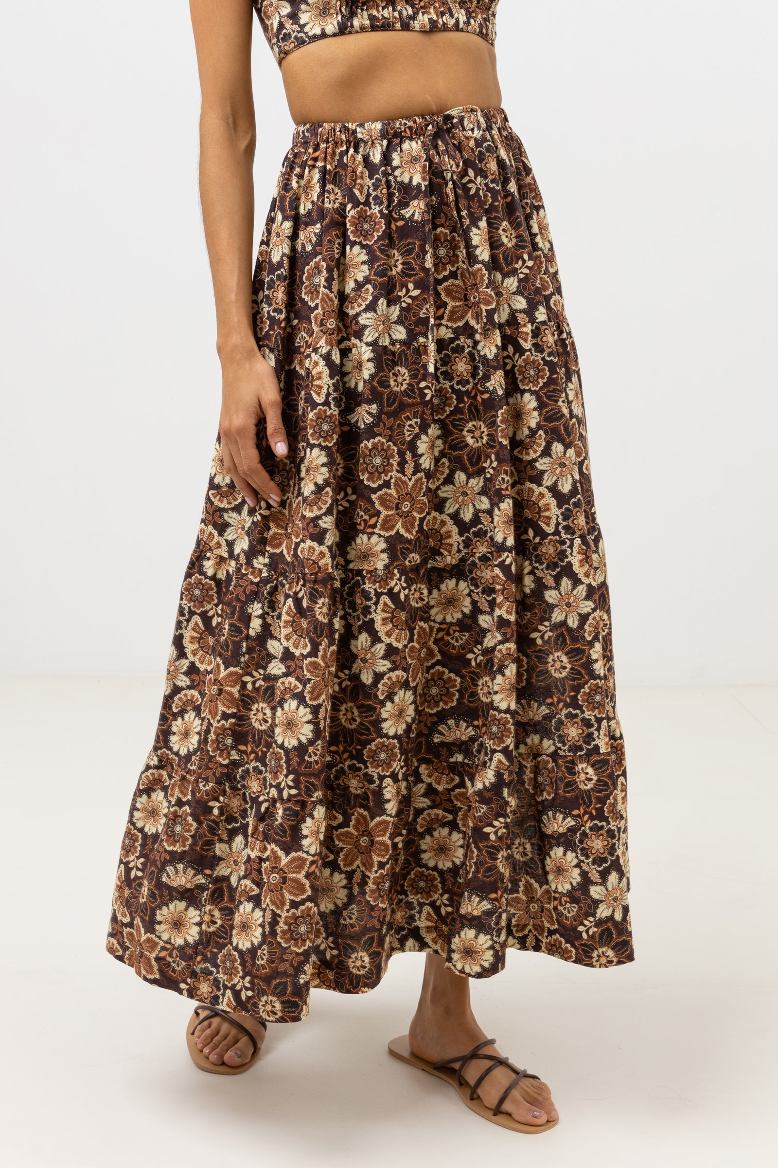 US Rhythm Brown Cantabria Floral Skirt – Tiered Maxi