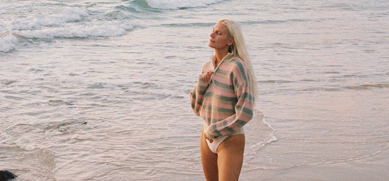 Estelle Quarter Zip Striped Knit Guava
