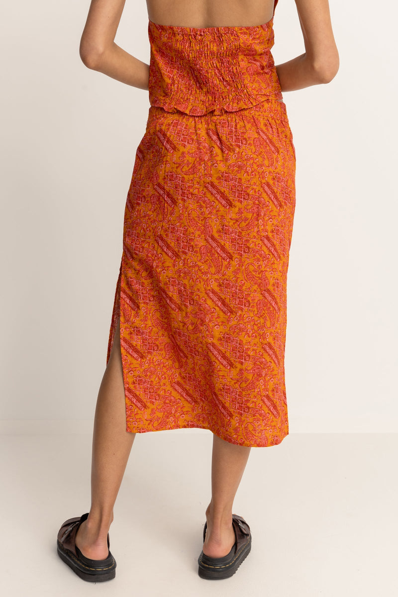 Adia Paisley Low Rise Midi Skirt Orange