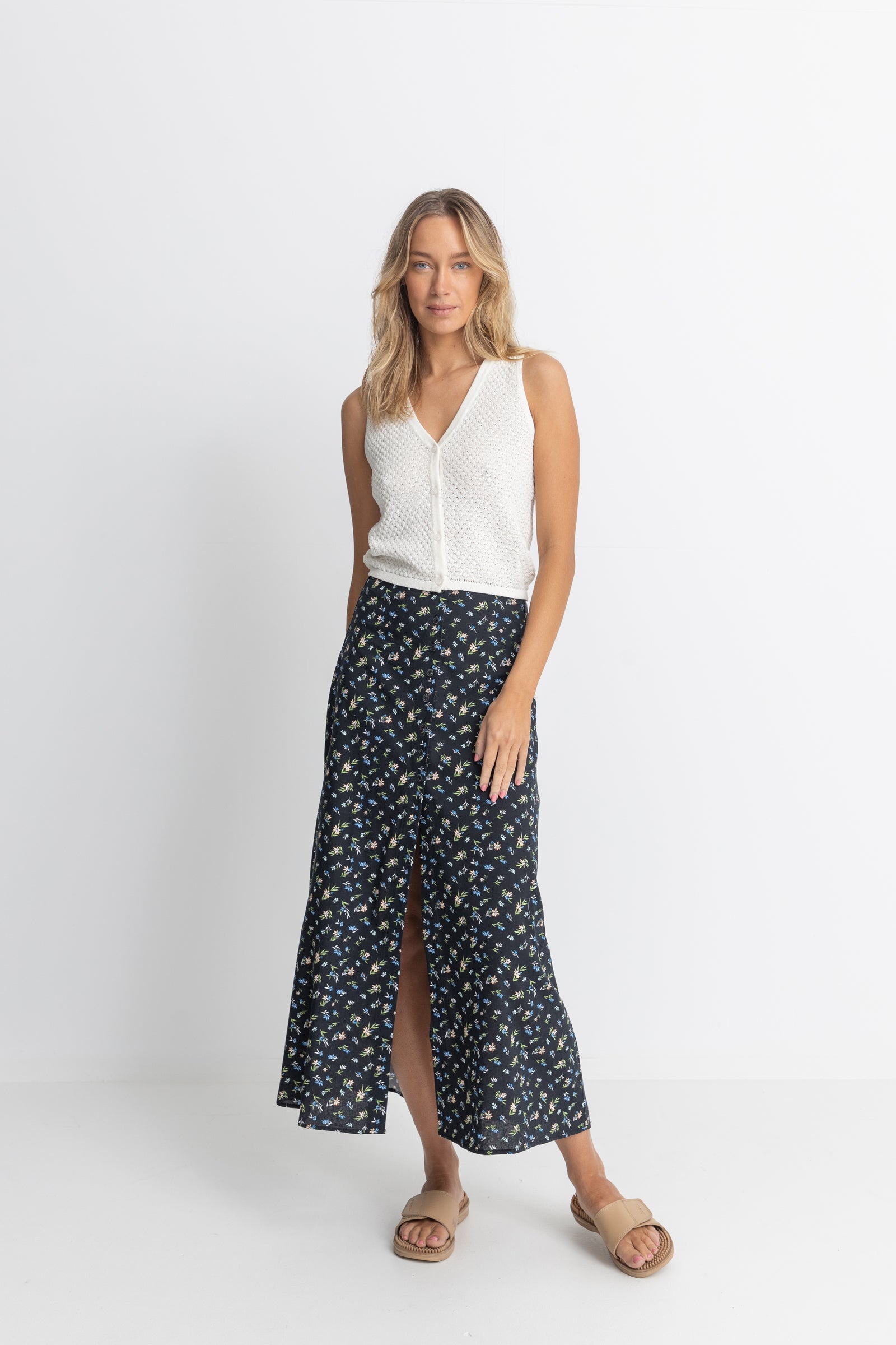 Fleur Floral Button Front Maxi Skirt Black Rhythm US