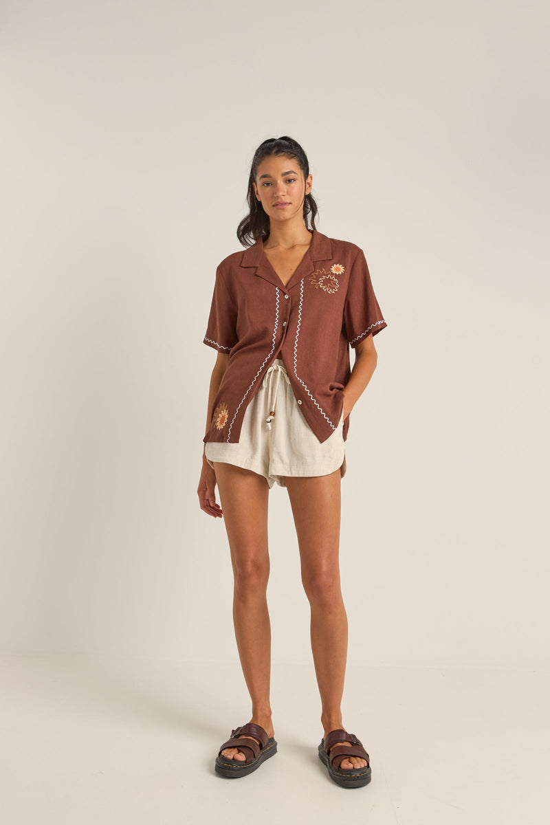 Solis Embroidered Short Sleeve Shirt Chocolate