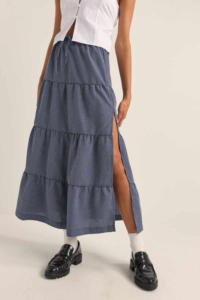 Lola Check Tiered Maxi Skirt Navy