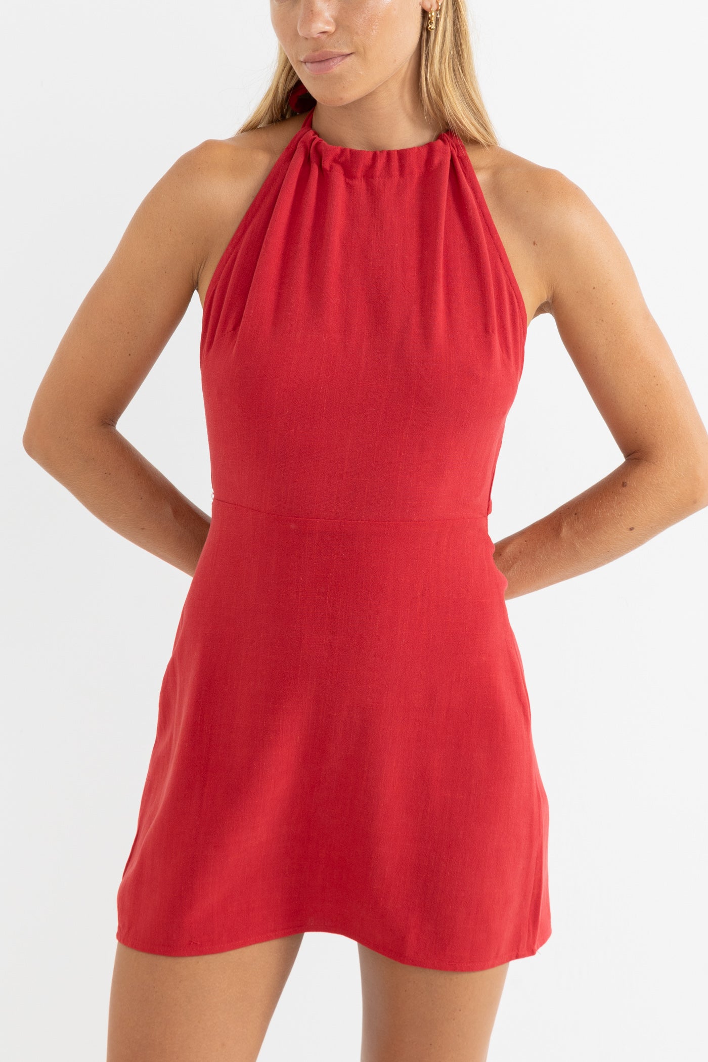 bodycon dress with tie waist Cherry Red Halter Mini Dress | Diamond Appliqué Cocktail Dress