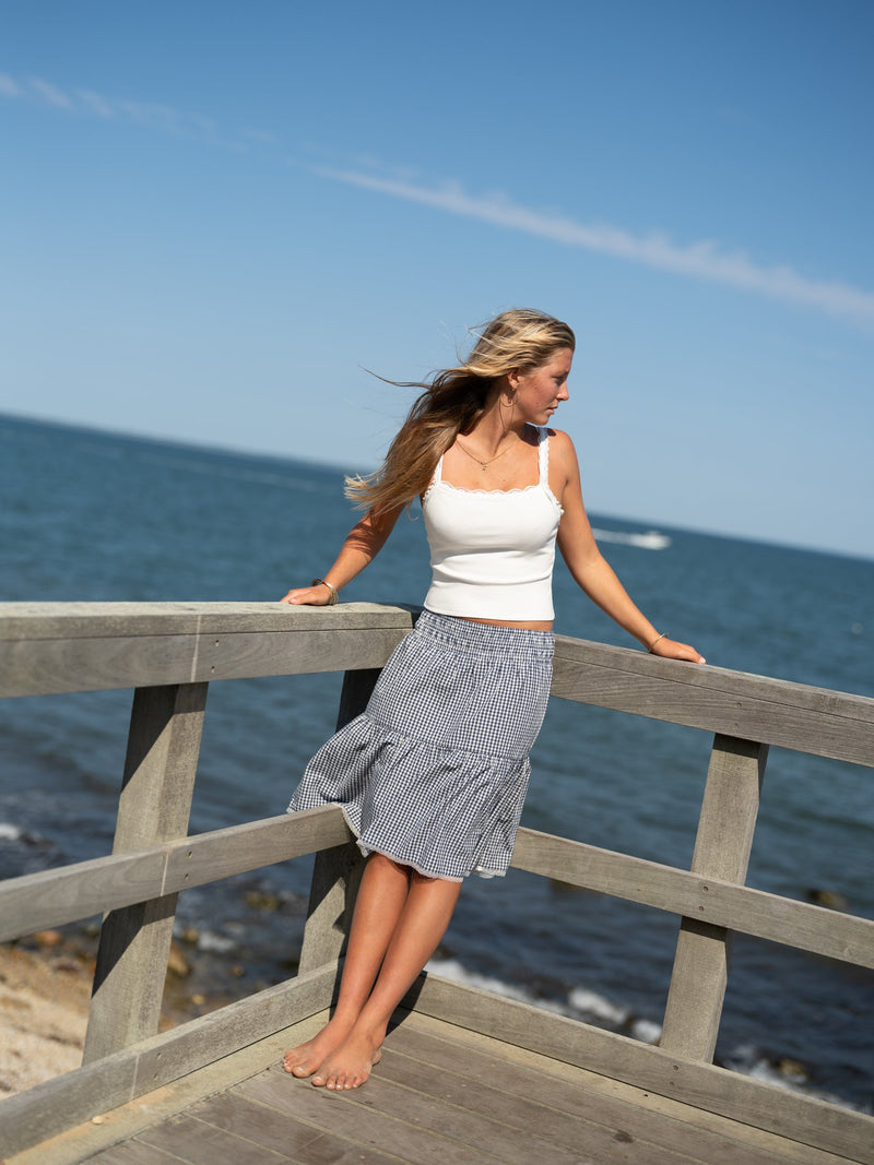 Ella Check Tiered Midi Skirt Navy – Rhythm US