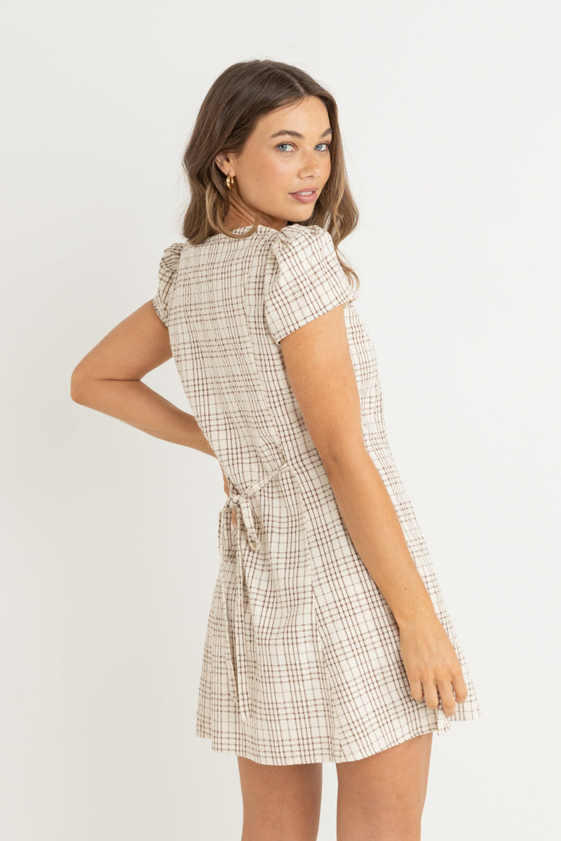 Rumi Check Cap Sleeve Mini Dress Natural