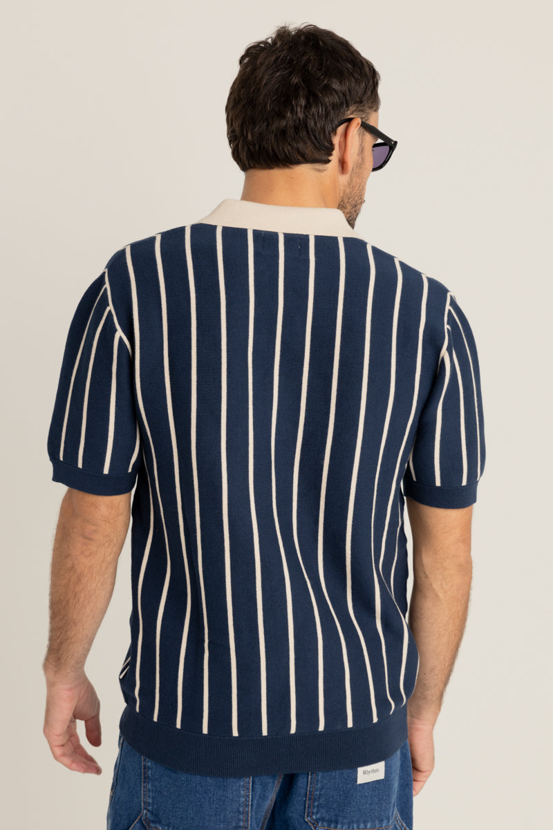 Striped Knit Ss Polo Navy