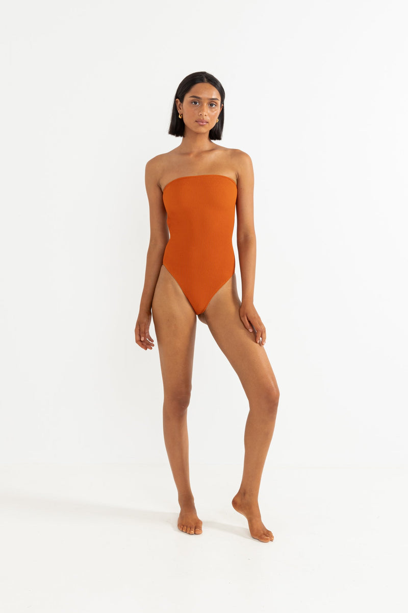 Del Mar Textured Strapless One Piece Burnt Orange