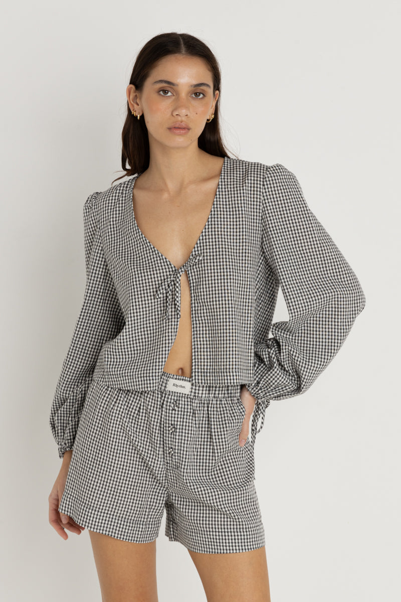 Gingham Blouson Long Sleeve Top Black