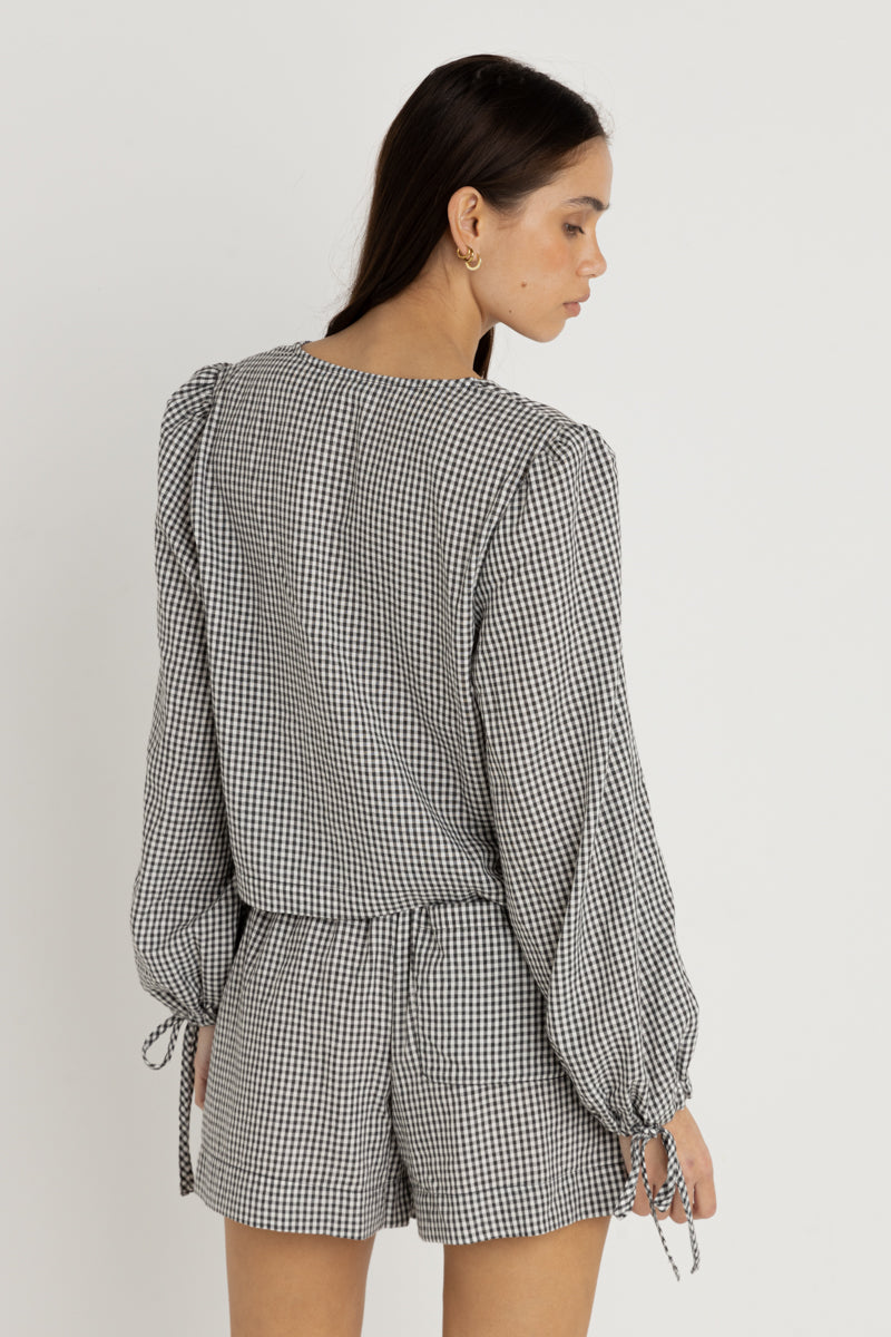 Gingham Blouson Long Sleeve Top Black