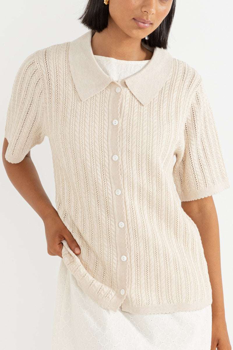 Scallop Knit Ss Shirt Cream