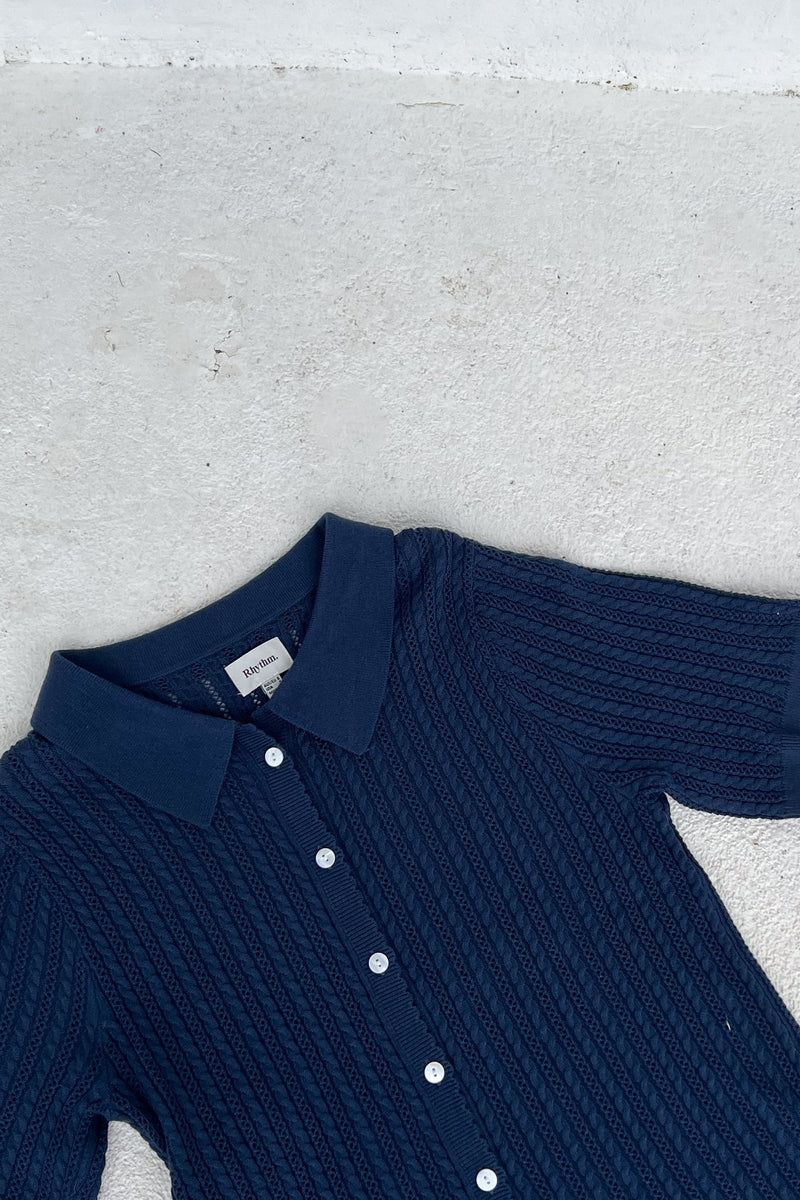 Scallop Knit Ss Shirt Navy