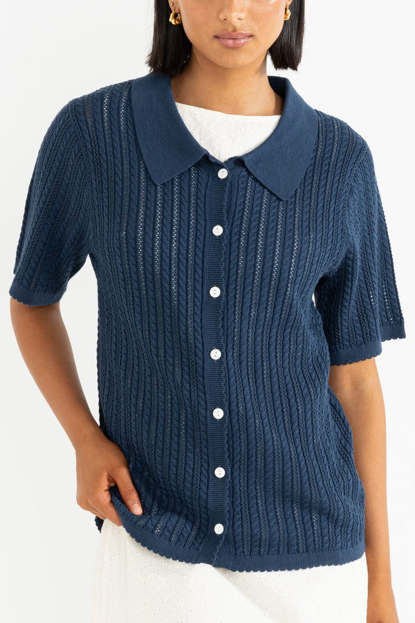 Scallop Knit Ss Shirt Navy