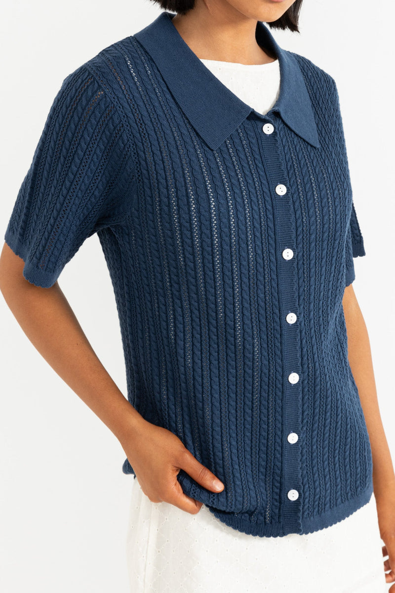 Scallop Knit Ss Shirt Navy