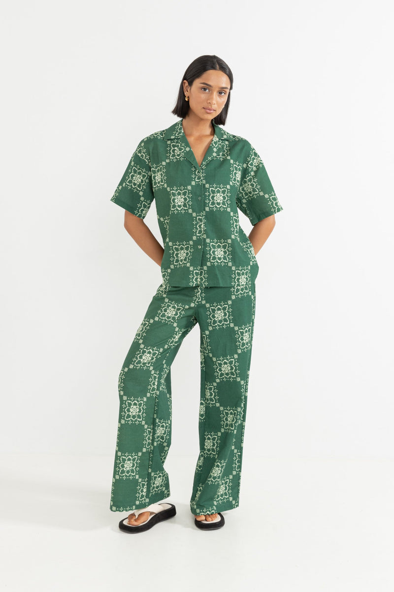 Stamped Floral Linen Pant Jade