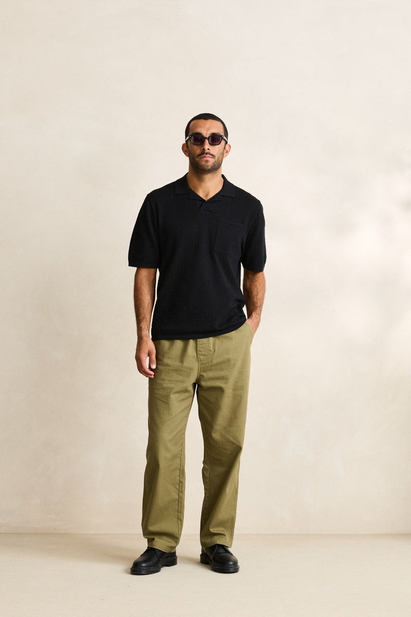 Textured Knit Johnny Polo Black