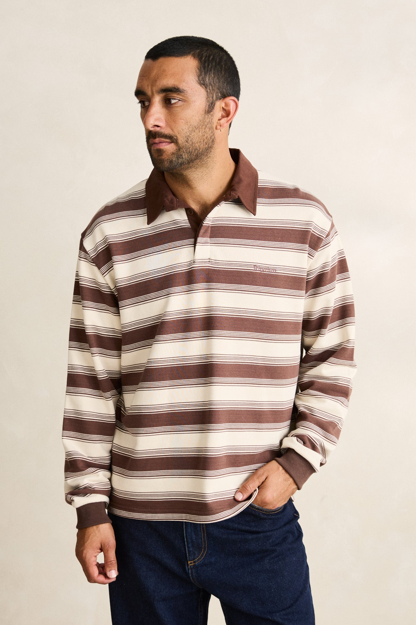 Stripe Detail Polo LS-Smokey Blue