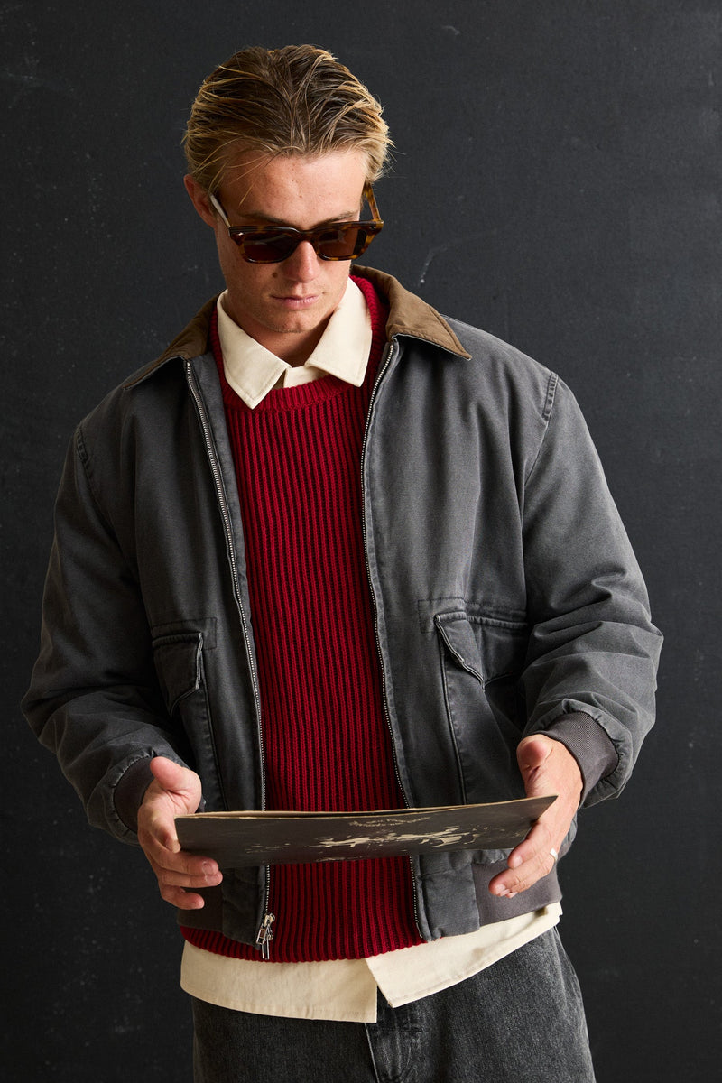 Washed Canvas Bomber Jacket Charcoal