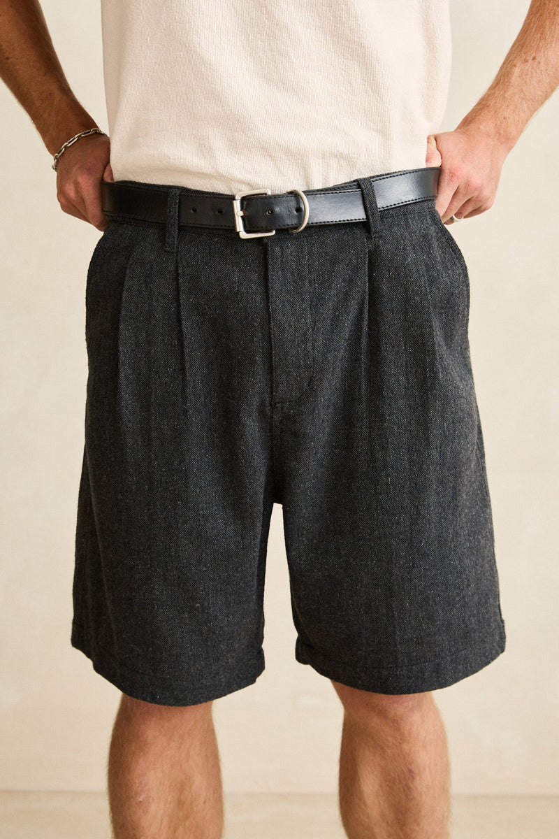 Relaxed Double Pleat Tweed Short Granite