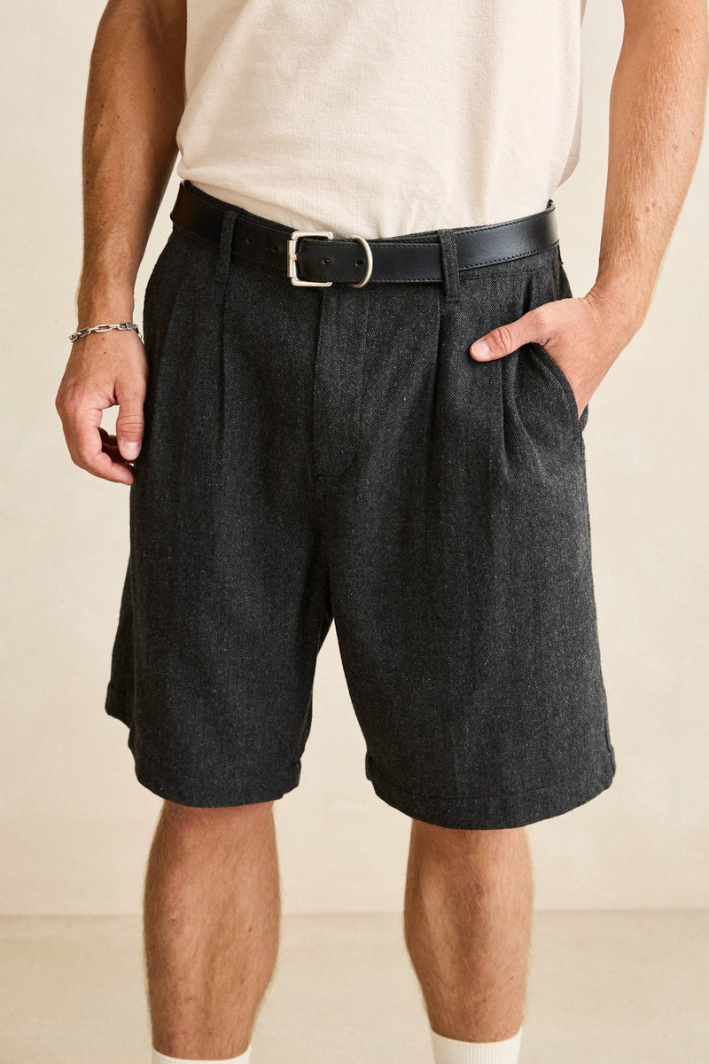 Relaxed Double Pleat Tweed Short Granite