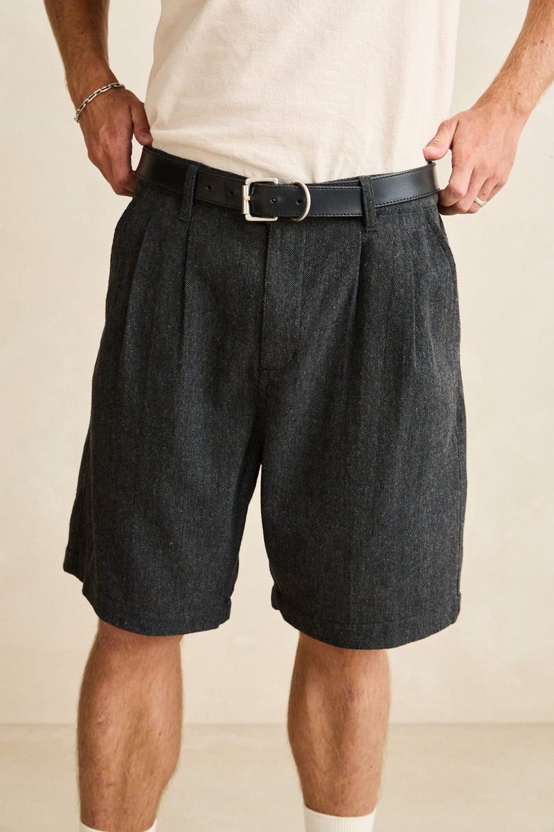 Relaxed Double Pleat Tweed Short Granite