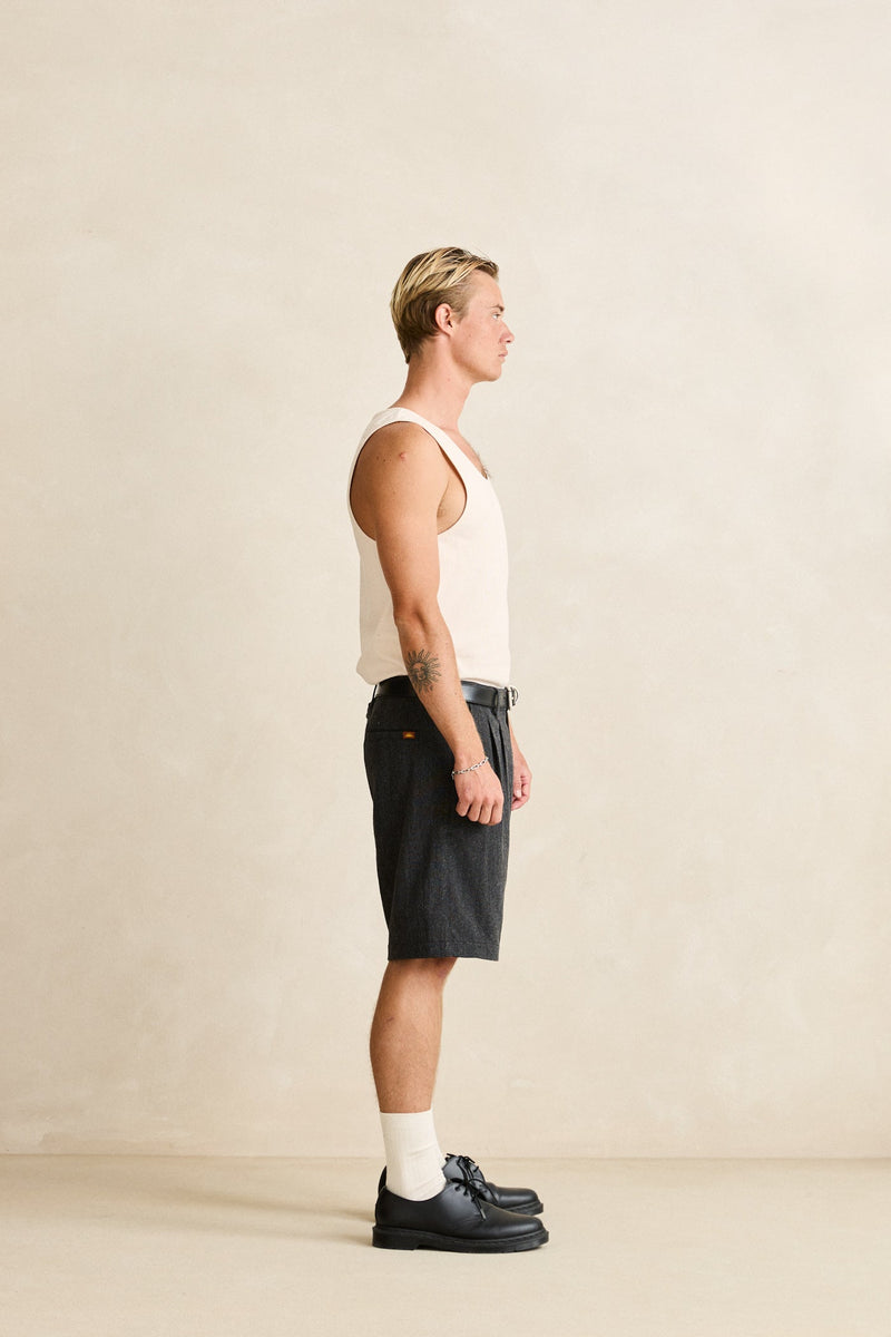 Relaxed Double Pleat Tweed Short Granite