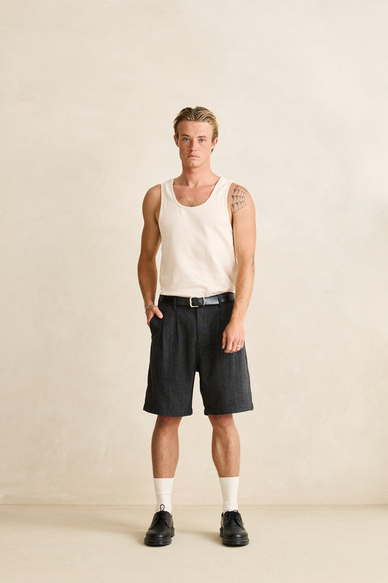 Relaxed Double Pleat Tweed Short Granite