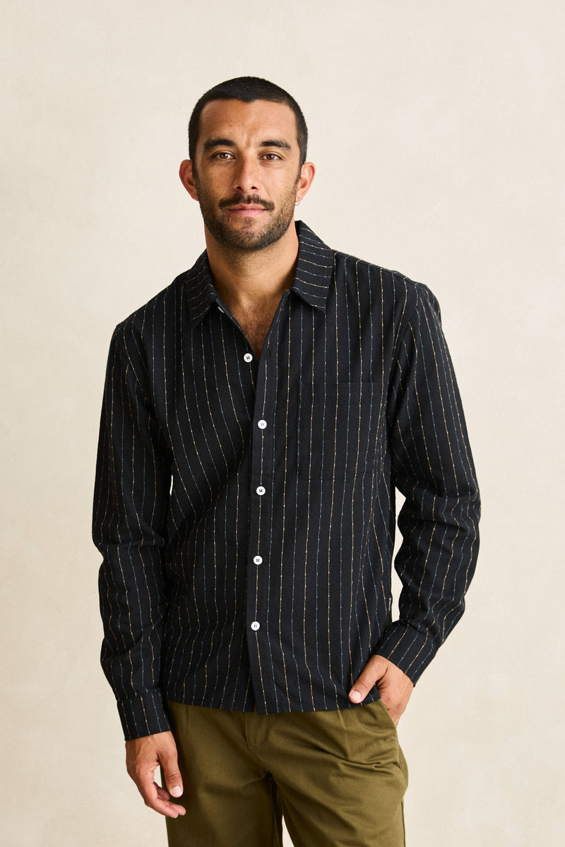 Essential Linen Stripe Overshirt Black