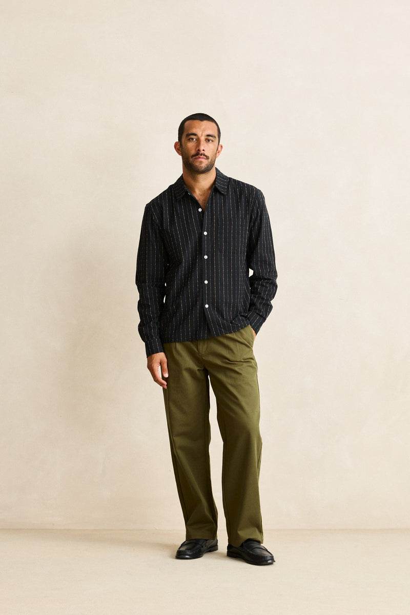 Essential Linen Stripe Overshirt Black