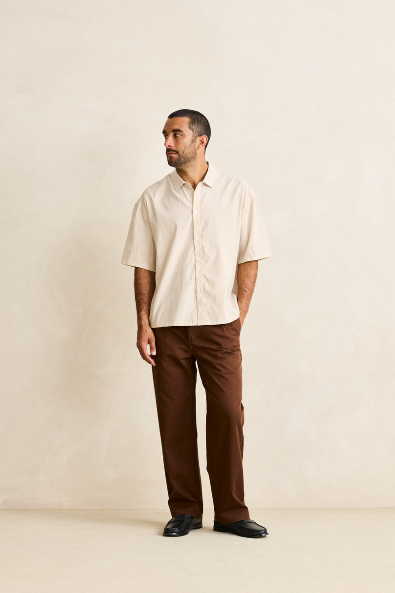 Essential Linen Stripe Ss Shirt Natural