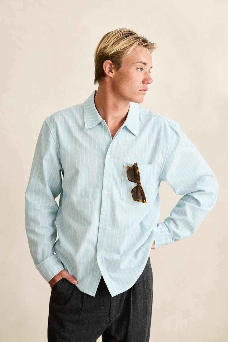 Linen Pin Stripe Ls Shirt Mist