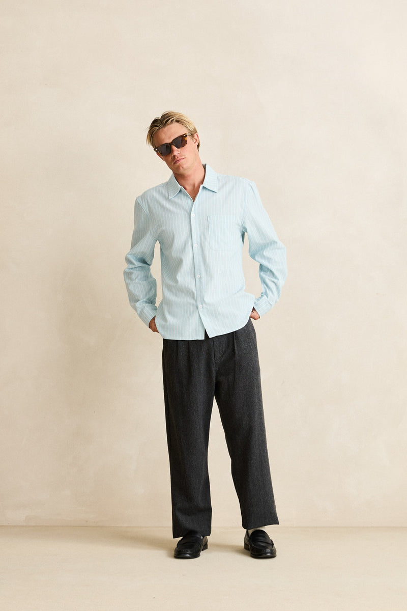 Linen Pin Stripe Ls Shirt Mist