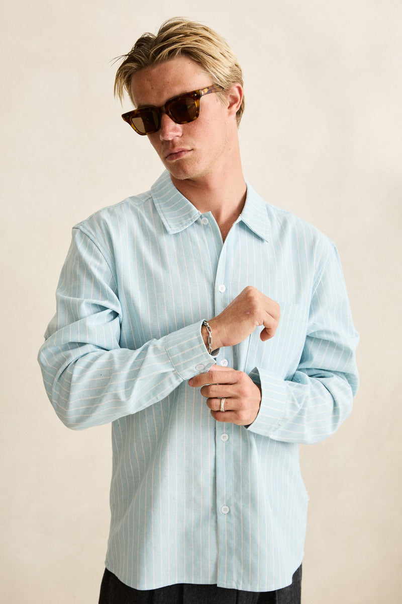 Linen Pin Stripe Ls Shirt Mist