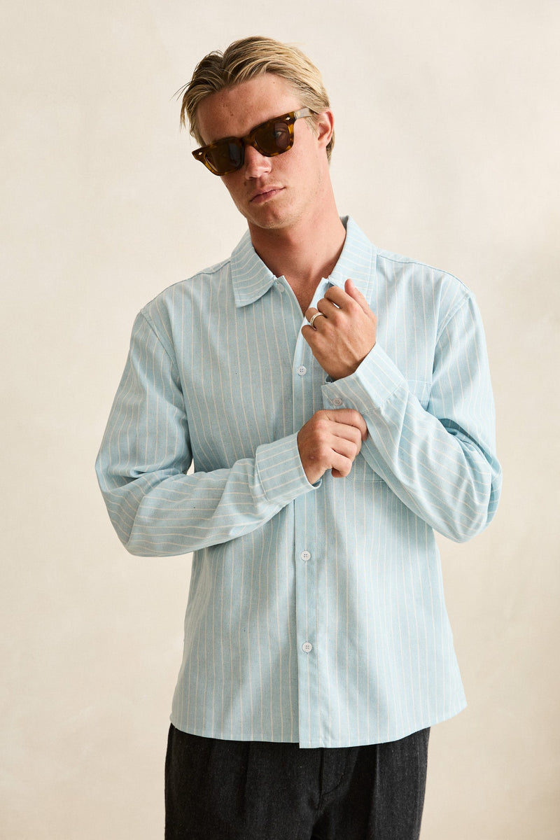Linen Pin Stripe Ls Shirt Mist