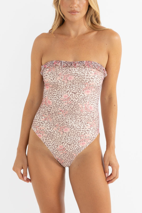 Leopard Floral Strapless One Piece Pink