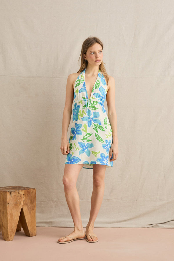 Makani Floral Halter Mini Dress Blue