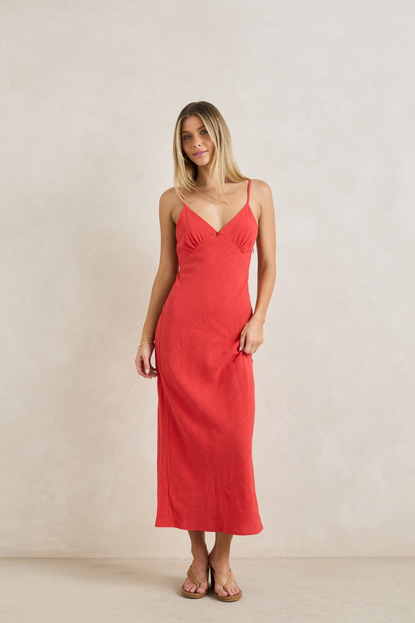 Sunny Days Linen Bias Midi Dress Cherry