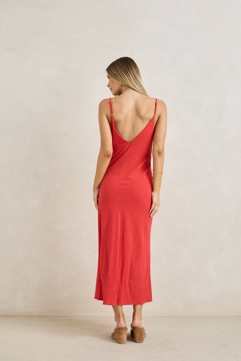 Sunny Days Linen Bias Midi Dress Cherry