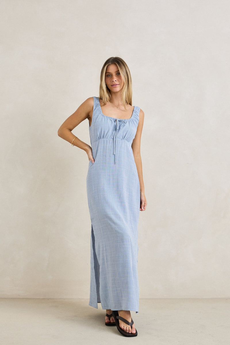 Del Rio Gathered Maxi Dress Blue Check