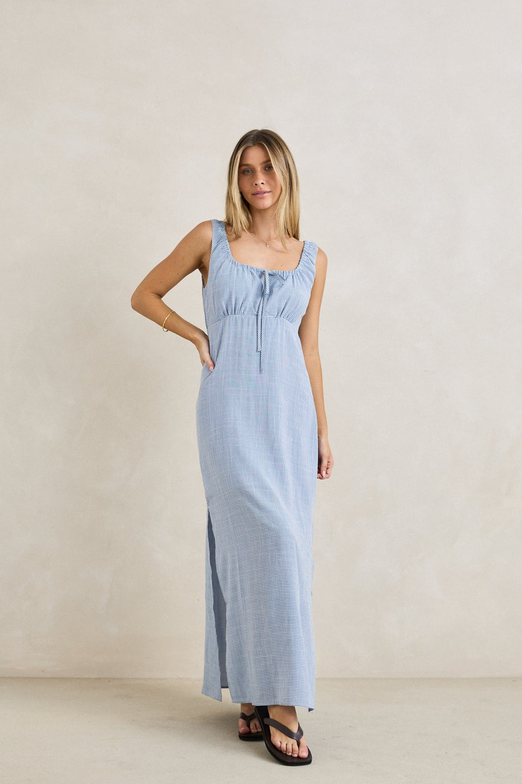 Del Rio Gathered Maxi Dress Blue Check XS