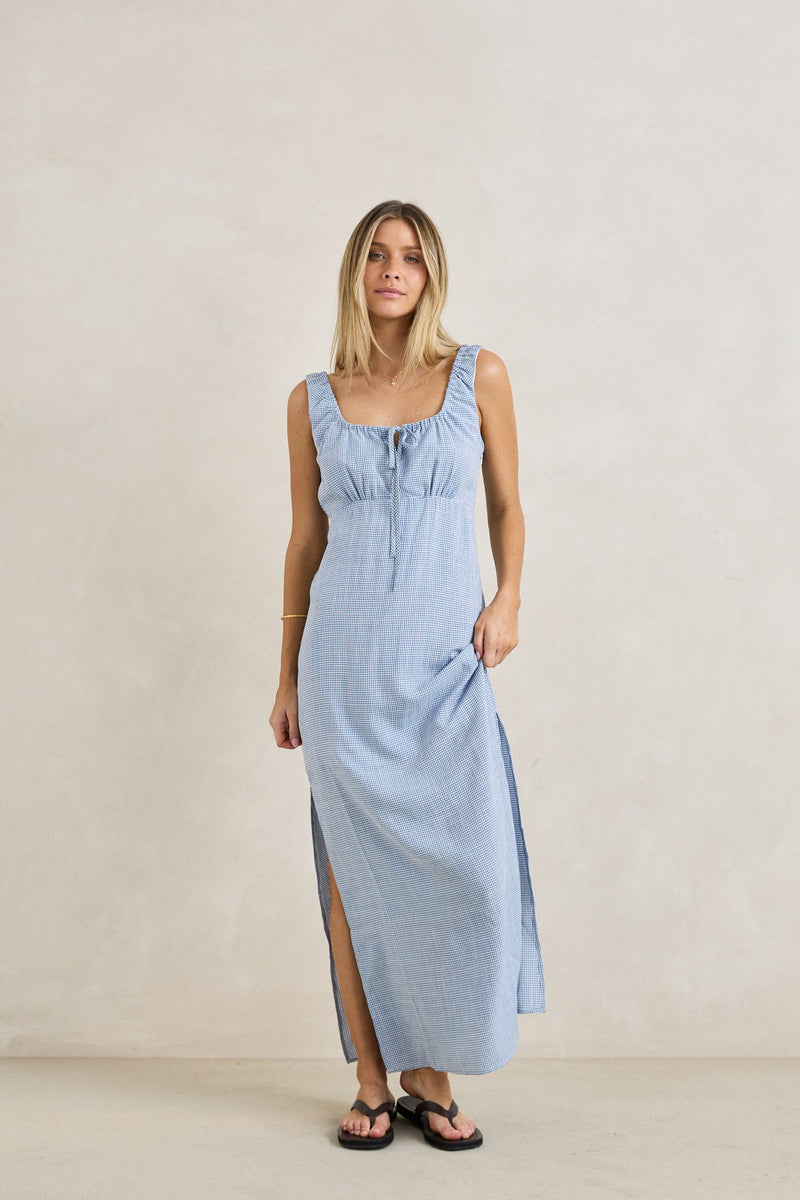 rhythm blue dress Del Rio Gathered Maxi Dress Blue Check XS