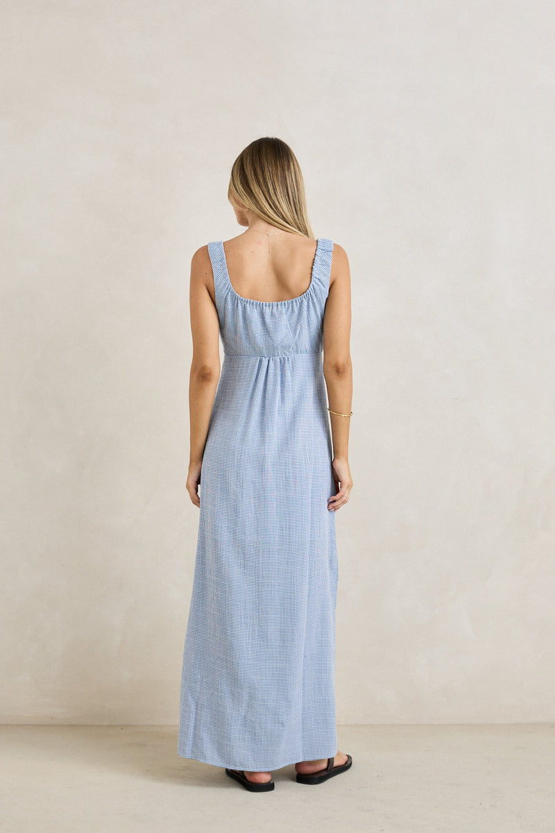 Del Rio Gathered Maxi Dress Blue Check