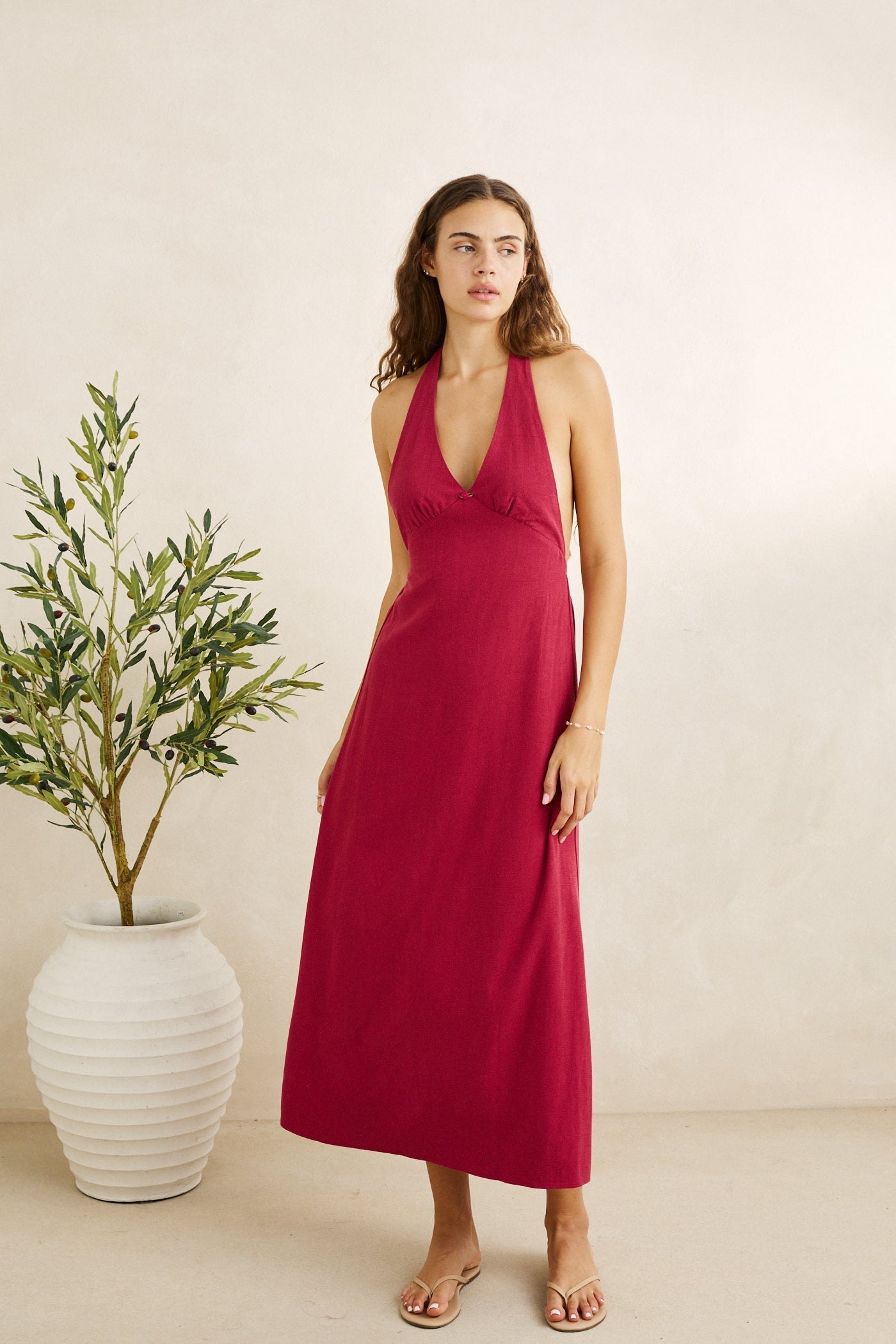 Sunny Days Linen Halter Neck Maxi Dress Wine XS
