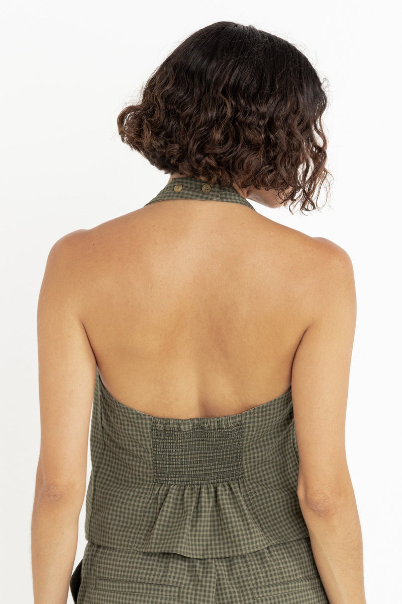 Louise Check Halter Top Olive