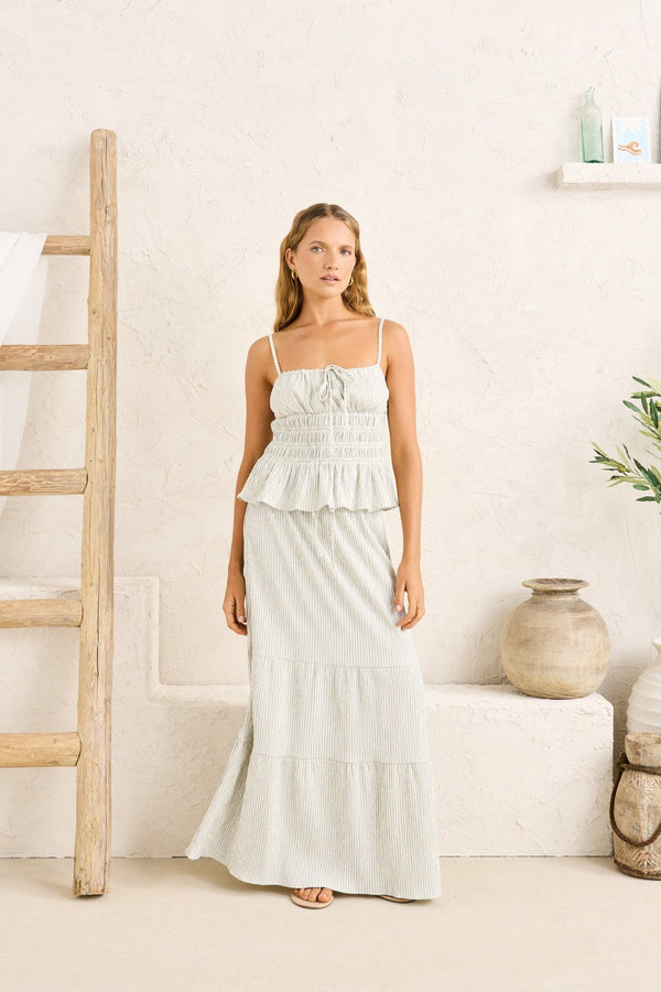 Driftwood Stripe Ruffle Midi Skirt Cream