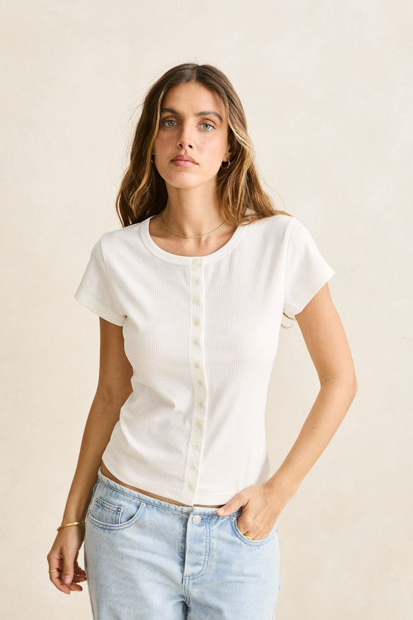 Portia Button Down Rib Top White
