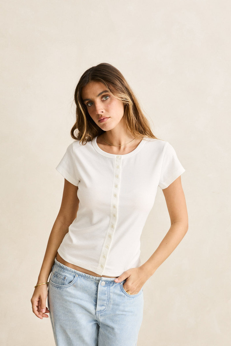 Portia Button Down Rib Top White