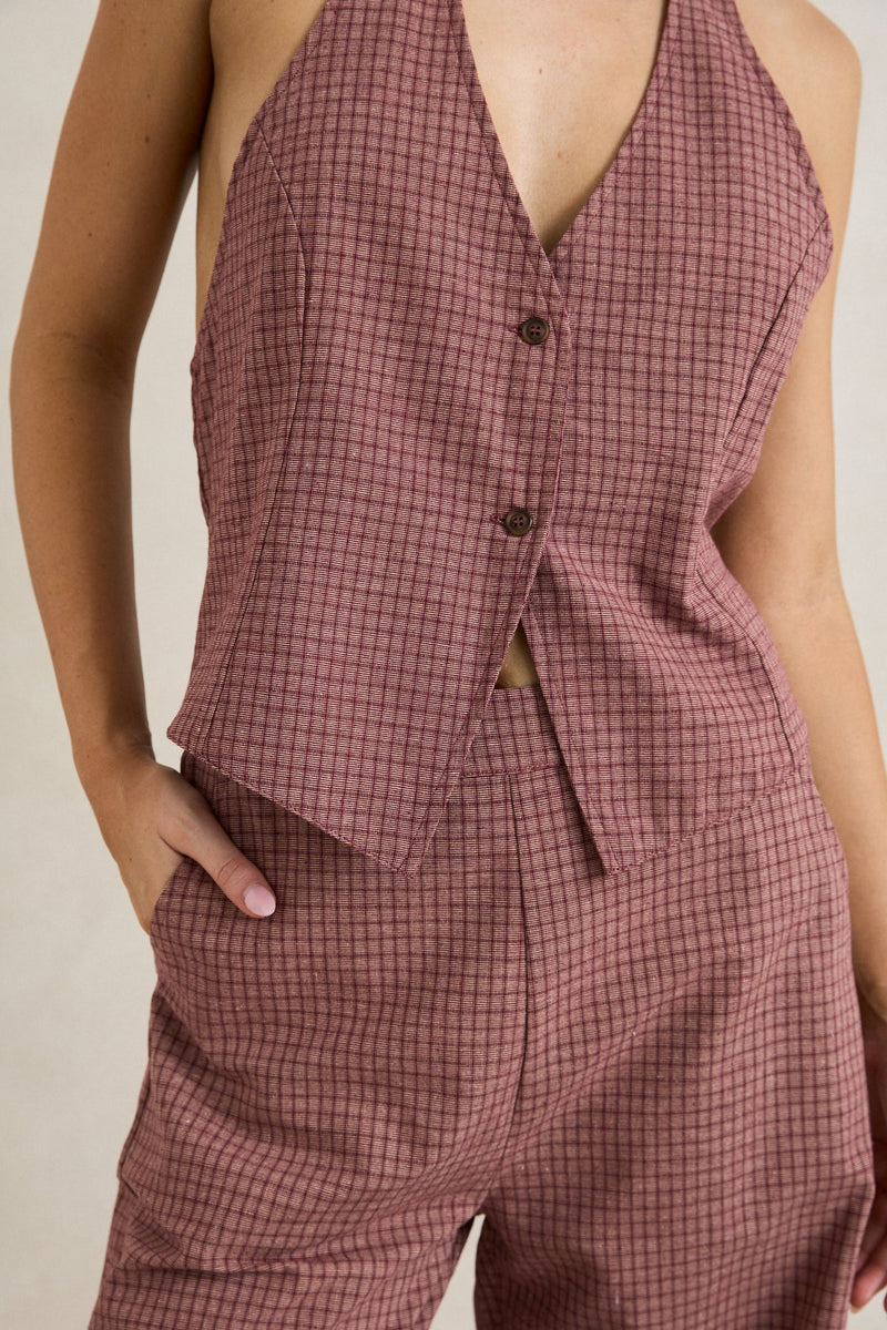 Lucy Check Halter Vest Rust