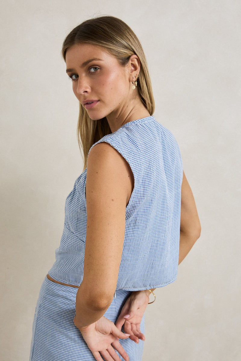 Del Rio Gathered Top Blue Check