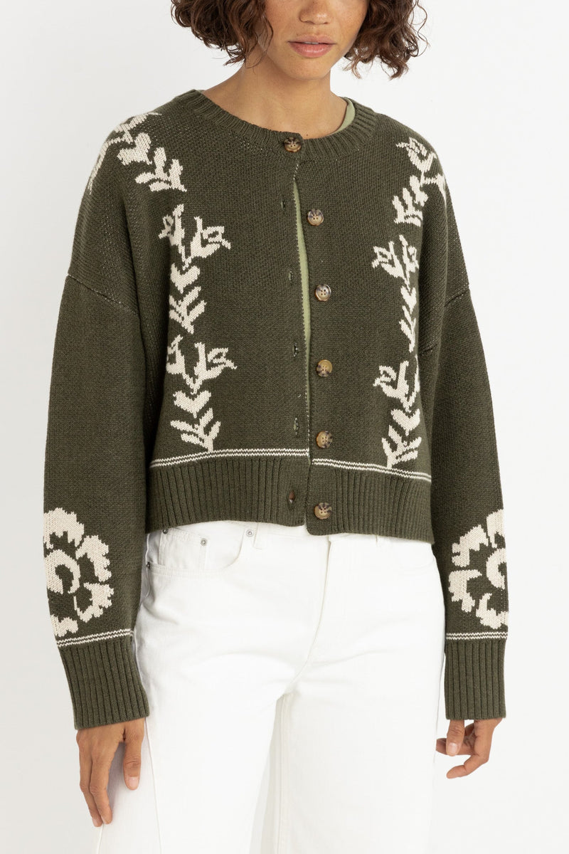 Antique Floral Crop Cardigan Olive